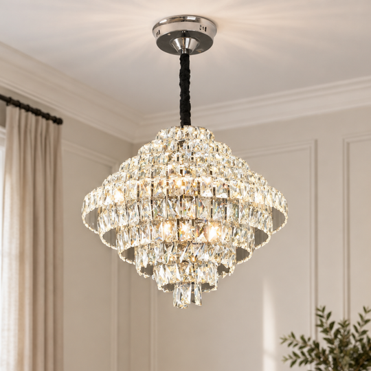 Lampadario in Cristallo Opale con telecomando, 110W, Diametro 35 cm, 3000K/4000/6000K, Cromo Lucido, Altezza Regolabile