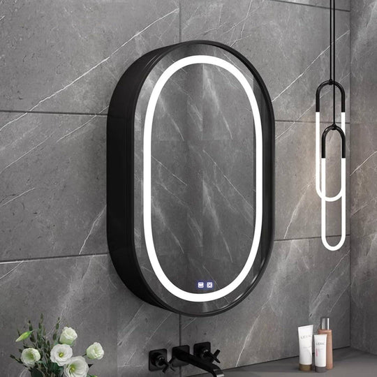 Specchio con armadietto a LED, ovale, 50x80 cm, antiappannamento, luce fredda/calda/neutra, cornice nera, spazio contenitore Specchi per armadietti Titolo predefinito Alessandro Design