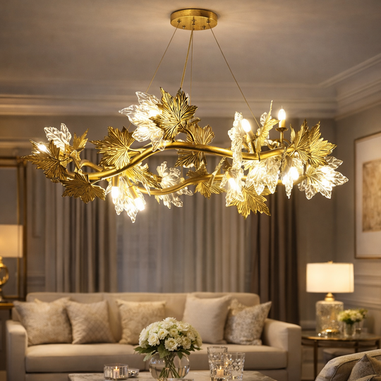 Lampadario Moderno LEAFORA Eleganza, 6xE14, Diametro 50cm, Oro, Altezza Regolabile, Lampadari Moderni in Metallo e Cristallo Titolo predefinito Alessandro Design