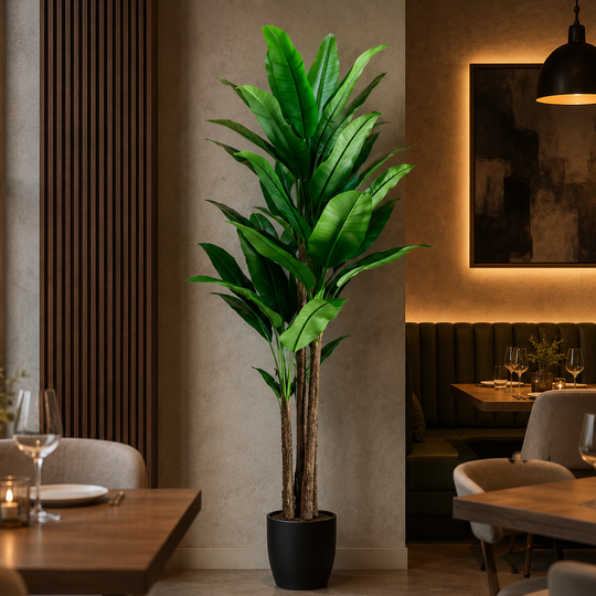 Pianta di banano artificiale, 190 cm, 3 steli, 27 foglie, verde, con vaso