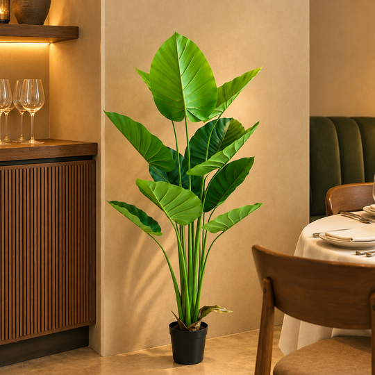 Pianta artificiale tipo Strelitzia, 160 cm, 12 foglie, verde