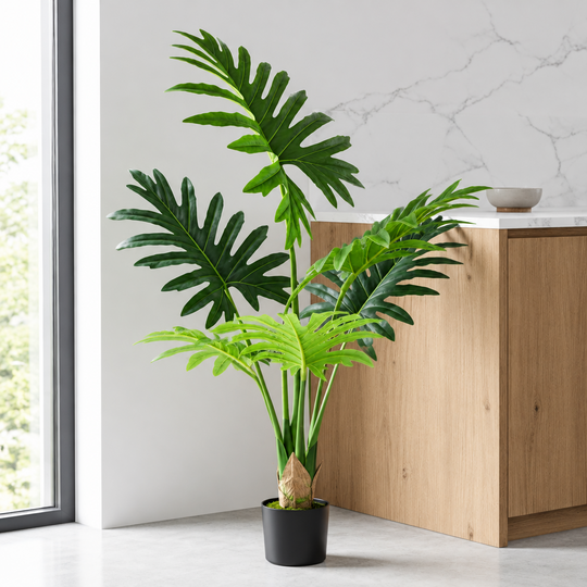 Pianta artificiale tipo filodendro, 6 foglie, 120 cm, verde
