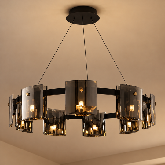 Lampadario moderno, Valmontreux Largo, 8xG9, diametro 80 cm, cristalli neri e grigi, altezza regolabile, metallo e cristallo