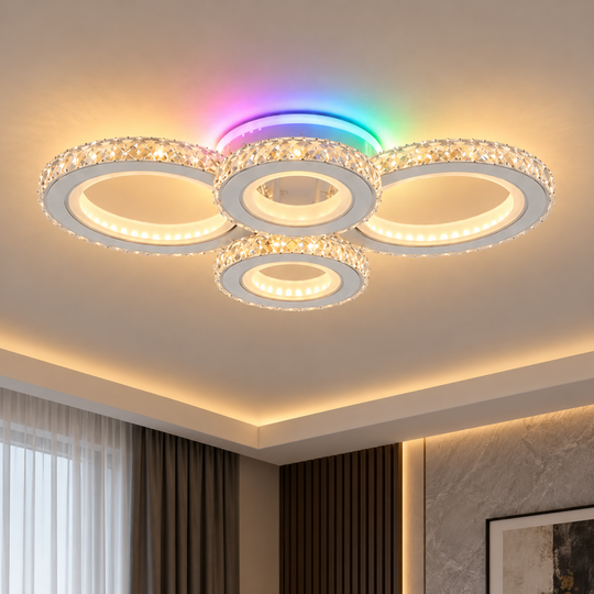 Plafoniera LED con telecomando e cristallo NOVA ROTONDA RGB 82W, 4 Cerchi, Luce Fredda/Calda/Neutra, Dimmerabile, Bianco