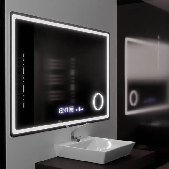 Specchio rettangolare a LED, 120x80 cm, Souverain MotionGlow Marcello, sistema antiappannamento, orologio e termometro, lente d'ingrandimento cosmetica, specchi Marcello dimmerabili Titolo predefinito Alessandro Design