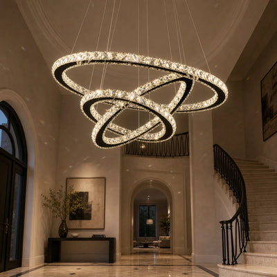 Lampadario LED a Sospensione con telecomando e cristallo PRISM LUMINIS 79W, 3 Cerchi, Luce Fredda/Calda/Neutra, Dimmerabile, Cromo, Regolabile in Altezza