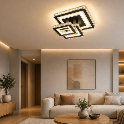 Lampadario LED con telecomando e cristallo LEILA 88W, 3 Quadrati, Luce Fredda/Calda/Neutra, Dimmerabile, Cromo Nero Lucido