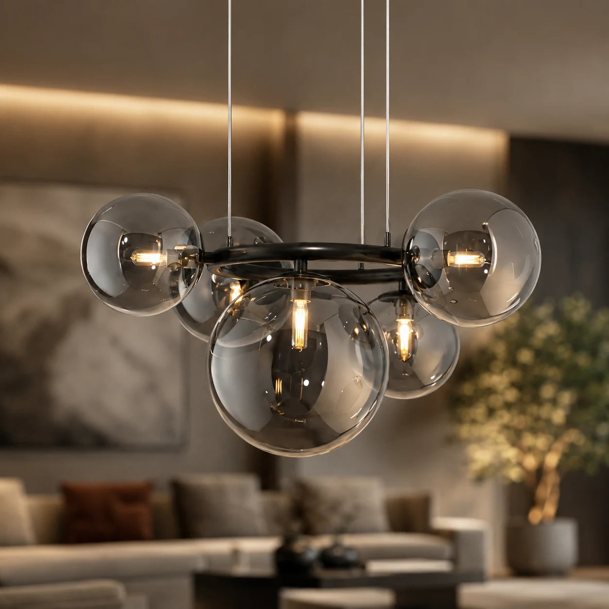 Lampadario con Paralume Tondo, VENERE Zodiaco, 1 Cerchio 5xG9, Metallo, Nero, Altezza Regolabile - 04_LC811-5.png
