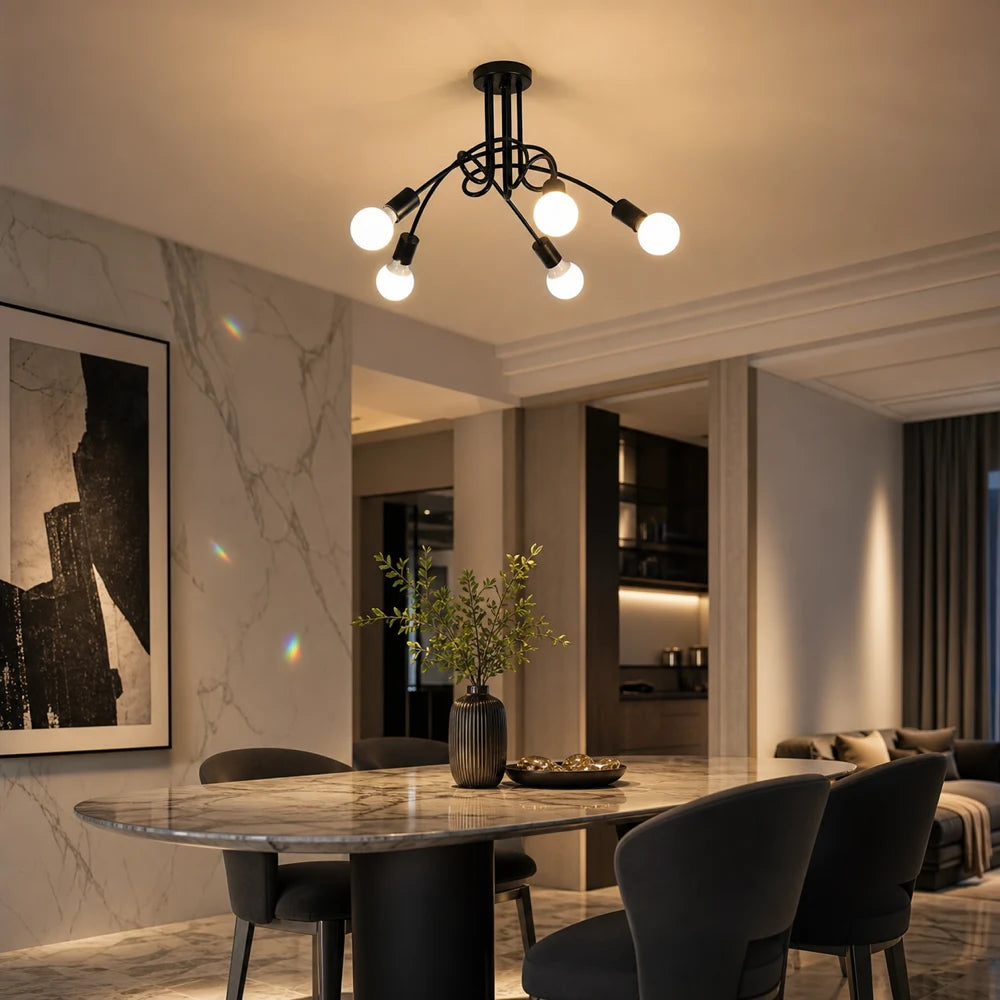 Lampadario modernista Penta 5, 5x E27, Nero, Design moderno - 08_LC366-5BK.png