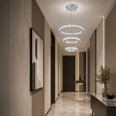 Lampadario LED a Sospensione con telecomando e cristallo PRISM LUMORA 63W, 3 Cerchi, Luce Fredda/Calda/Neutra, Dimmerabile, Cromo Lucido, Altezza Regolabile