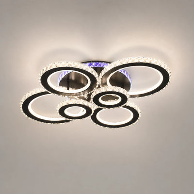 Lampadario LED con telecomando e cristallo NOVA ROTONDA RGB 145W, 6 Cerchi, Luce Fredda/Calda/Neutra, Dimmerabile, Nero
