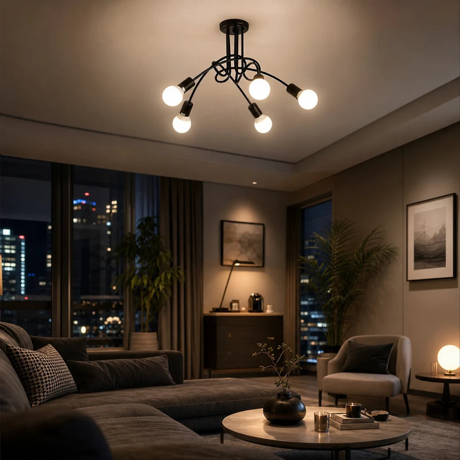 Lampadario modernista Penta 5, 5x E27, Nero, Design moderno - 12_LC366-5BK.png