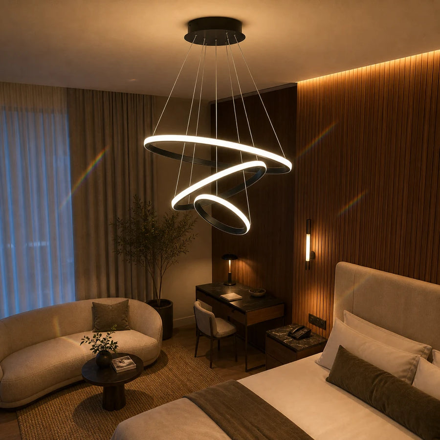 Lampadario a sospensione a LED RICCI 81W, 3 Cerchi, Luce Fredda/Calda/Neutra, Nero, Altezza regolabile - 14_LL104-3BK.png