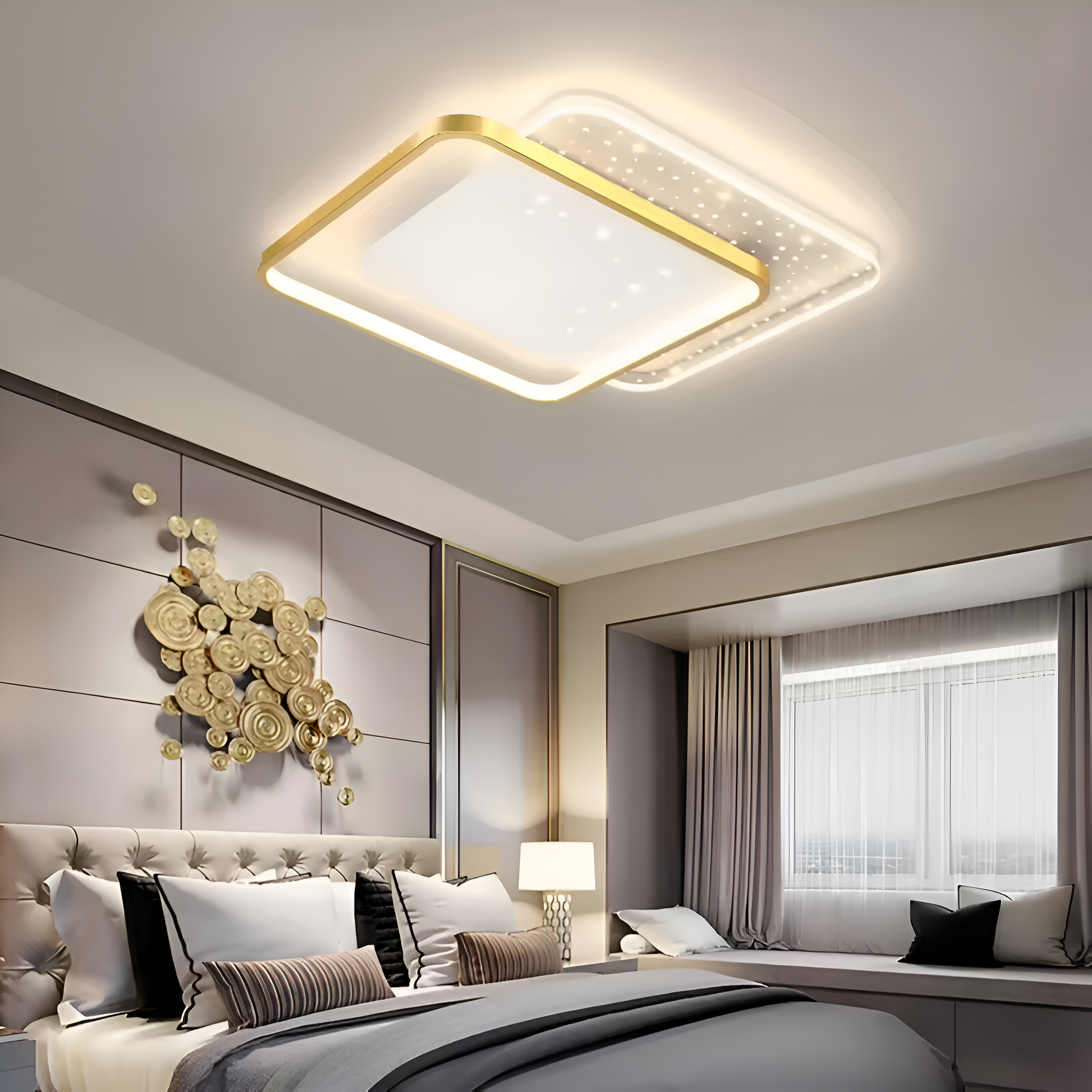 Lampadario LED con telecomando GILDRA 48W, 2 Quadrati, Luce Fredda/Calda/Neutra, Dimmerabile, Oro Lampadari LED con Telecomando Titolo predefinito Alessandro Design