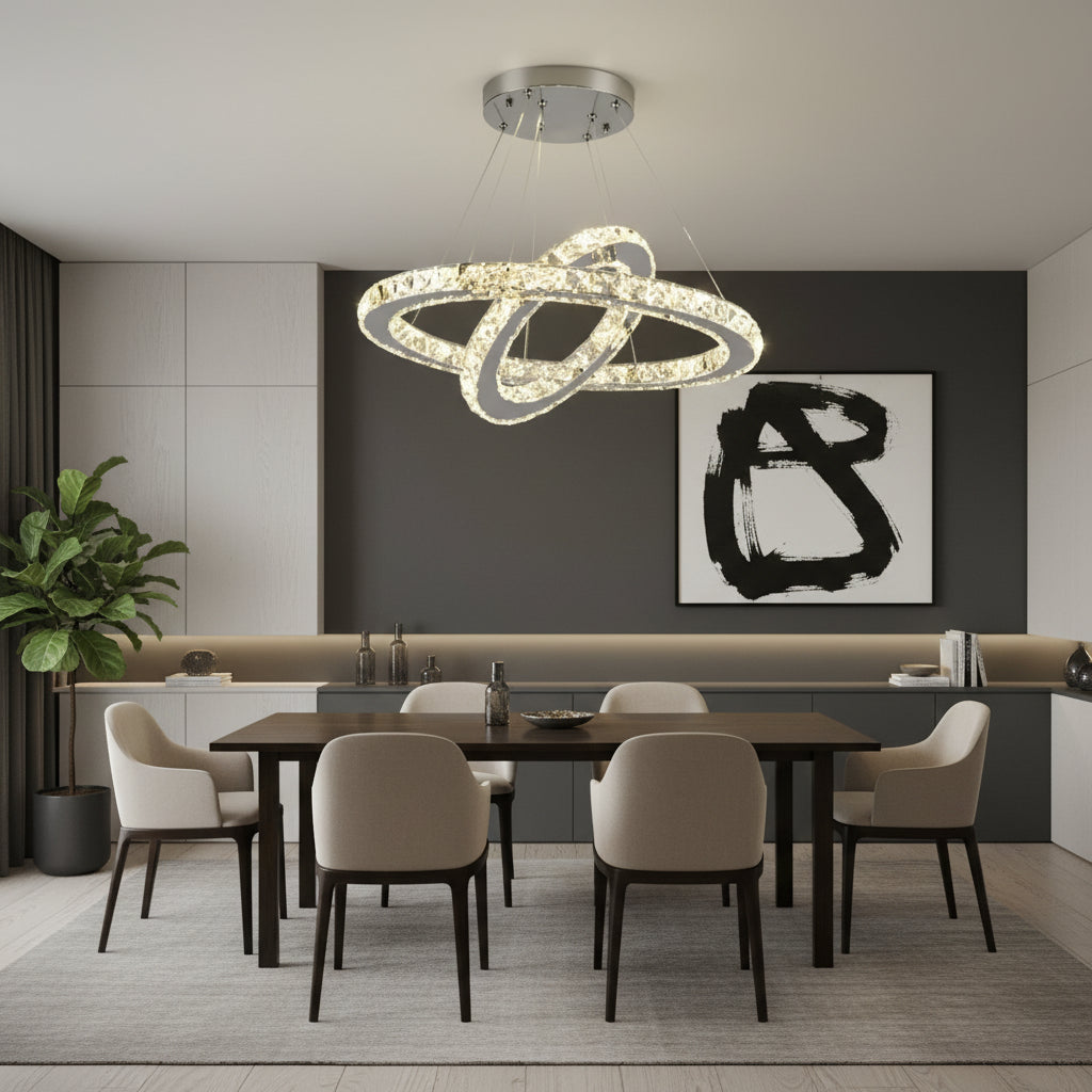 Lustra LED cu telecomanda si cristal PRISM LUMINIS 58W, 2 Cercuri, lumina Rece/Calda/Neutra, Dimabila, Crom si Alb, Inaltime Reglabila Lustre LED cu Telecomanda Default Title Alessandro Design