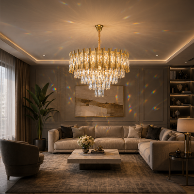 Lampadario in Cristallo HAMPTON Petito 3xE14, Diametro 30cm, Oro Lucido, Altezza Regolabile