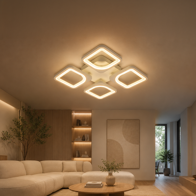 Lustra LED cu telecomanda ZOE 53W, 4 Patrate, lumina Rece/Calda/Neutra, Dimabila, Alb