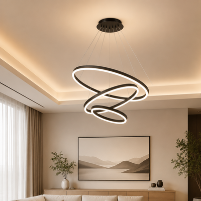 Lampadario LED a sospensione con telecomando CASIANA 85W, 3 Cerchi, Luce Fredda/Calda/Neutra, Dimmerabile, Nero, Regolabile in Altezza