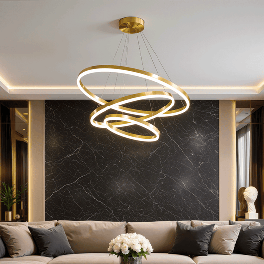 Lampadario LED a Sospensione con telecomando ELIZABETH, 85W, 3 Cerchi, Luce Fredda/Calda/Neutra, Dimmerabile, Oro Lucido, Lampadari LED con Telecomando Regolabili in Altezza Titolo predefinito Alessandro Design