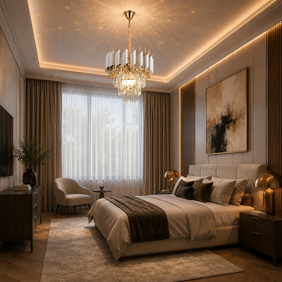 Lampadario di cristallo VERSAILLES Petito 3xE14, diametro 30 cm, oro lucido e bianco, altezza regolabile, metallo e cristallo Lampadari in cristallo Titolo predefinito Alessandro Design