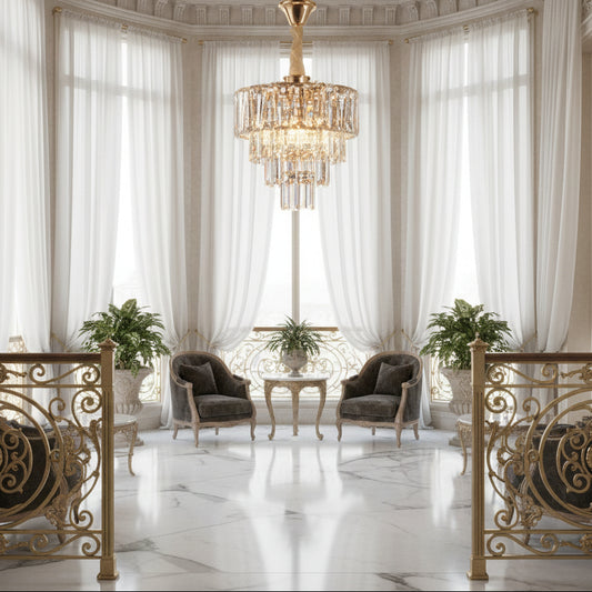 Candelabro in cristallo VALMONT Petito 3xE14, D30 cm, Oro, Altezza regolabile, Metallo e cristallo Candelabro in cristallo Titolo predefinito Alessandro Design