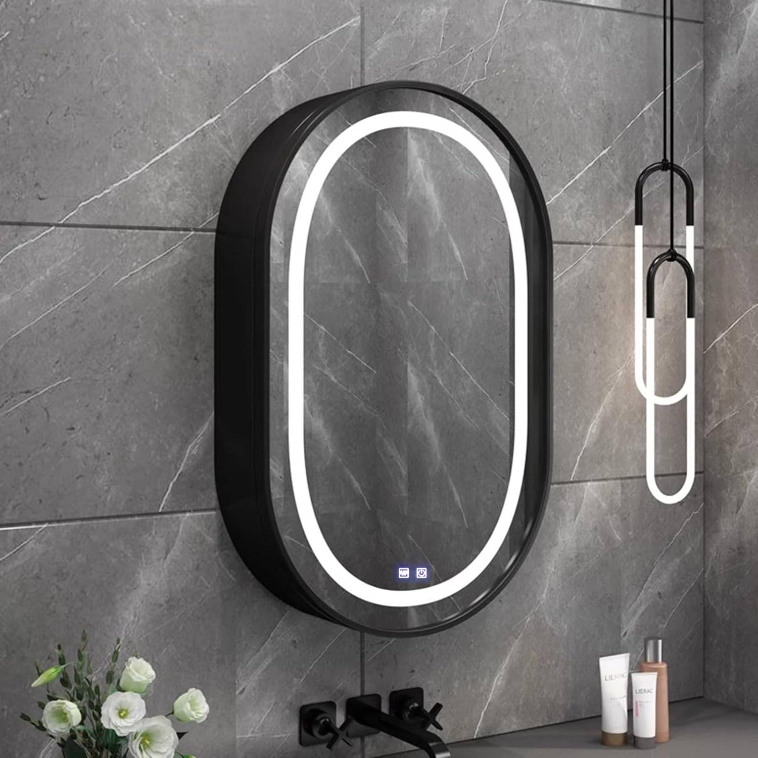 Specchio con armadietto a LED, ovale, 50x80 cm, antiappannamento, luce fredda/calda/neutra, cornice nera, spazio contenitore Specchi per armadietti Titolo predefinito Alessandro Design
