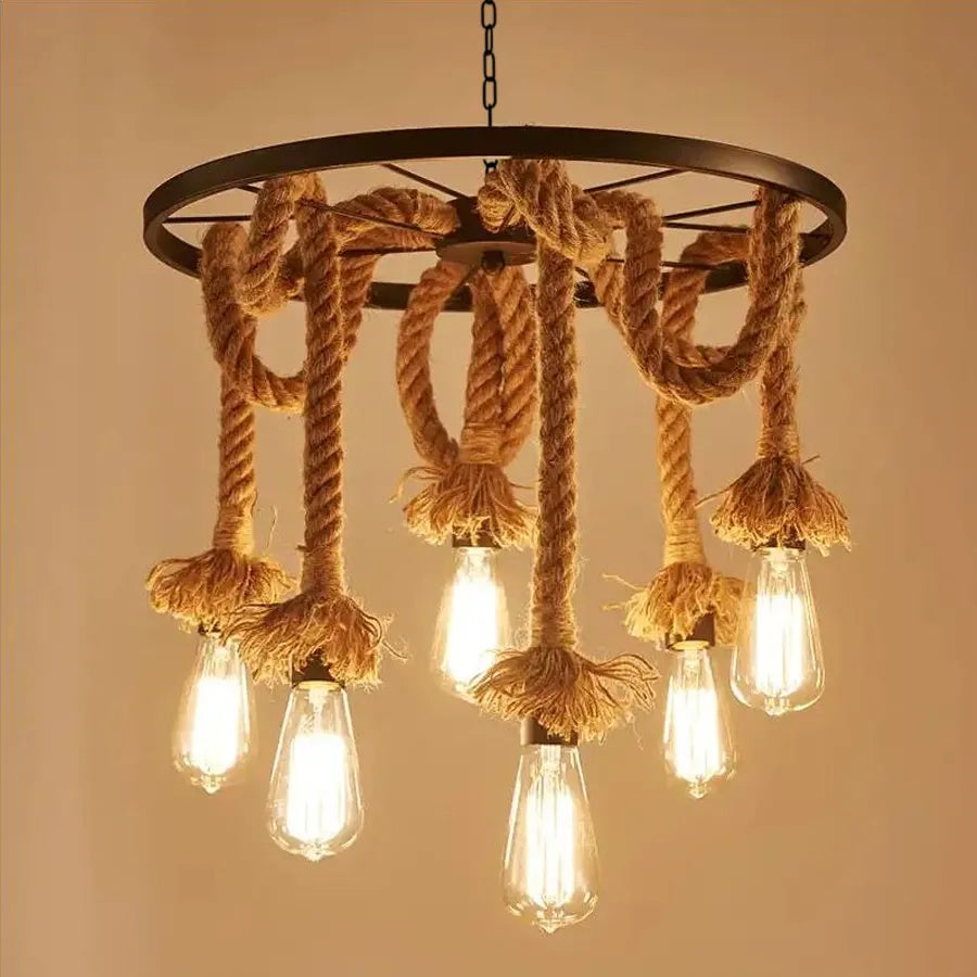 Lampadario a ruota, 6 x E27, marrone, metallo/lampadario a corde Titolo predefinito vintage Alessandro Design