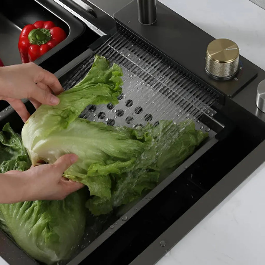 Set Lavello Cucina in Acciaio Inox con Doppio Rubinetto, Vaschetta Frutta/Verdura Forata, Vaschetta Universale con Piletta di Scarico, Tritatutto, Nero Grafite, Lavelli 75x45X21cm Titolo predefinito Alessandro Design