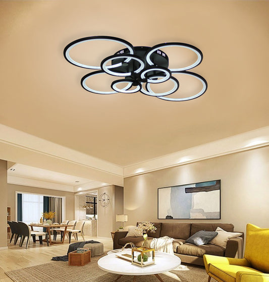 Lampadario LED con telecomando ALANI 200W, 8 Cerchi, Luce Fredda/Calda/Neutra, Dimmerabile, Nero