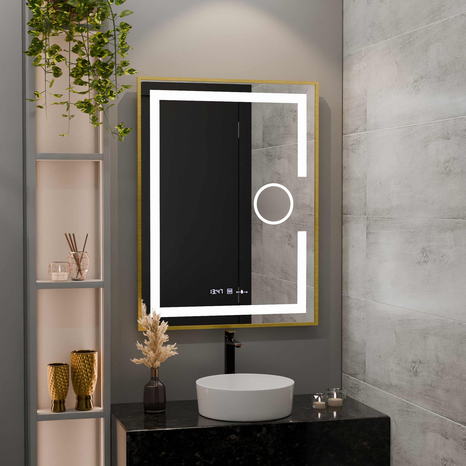 Specchio rettangolare a LED, 60x80 cm, Eclat MotionGlow Marcello, sistema antiappannamento, orologio e termometro, lente d'ingrandimento cosmetica, dimmerabile, cornice oro spazzolato Marcello Mirrors Titolo predefinito Alessandro Design