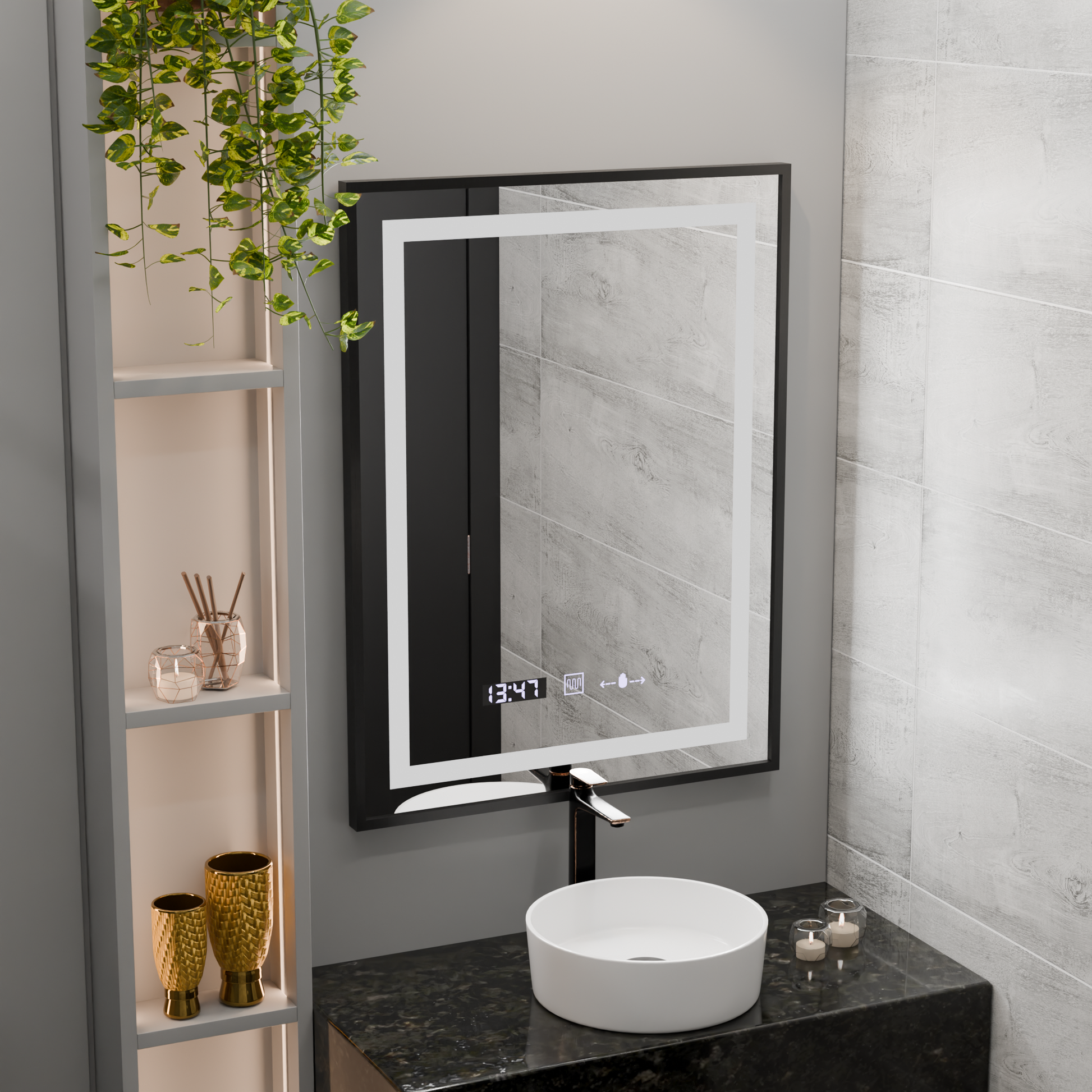 Specchio rettangolare a LED, 50x70 cm, Verite Majeste Noir Motion Glow Marcello, sistema antiappannamento, orologio e termometro, specchi dimmerabili Marcello Titolo predefinito Alessandro Design