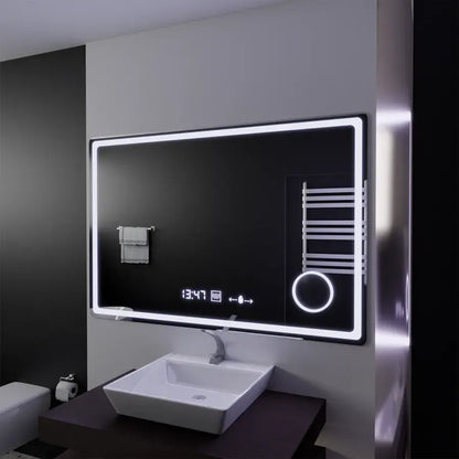Specchio rettangolare a LED, 120x80 cm, Souverain MotionGlow Marcello, sistema antiappannamento, orologio e termometro, lente d'ingrandimento cosmetica, specchi Marcello dimmerabili Titolo predefinito Alessandro Design