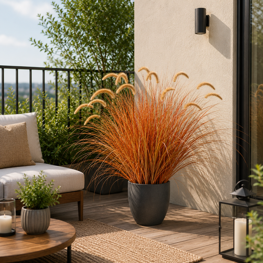 Pianta ornamentale di erba a coda di volpe artificiale, 100 cm, erba curva con spezie, giallo e arancione, senza vaso