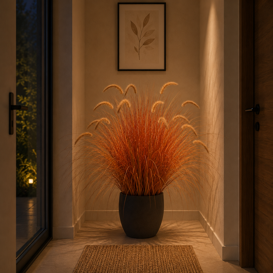 Pianta ornamentale di erba a coda di volpe artificiale, 100 cm, erba curva con spezie, giallo e arancione, senza vaso