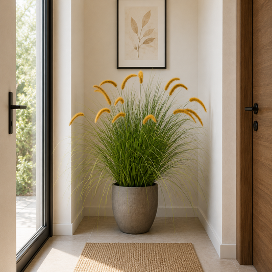 Pianta ornamentale di erba artificiale a coda di volpe, 100 cm, erba curva con spezie, verde e giallo, senza vaso