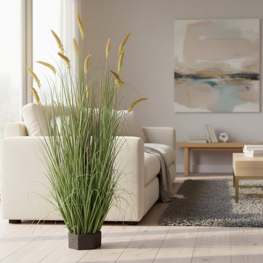 Pianta ornamentale di erba tifa artificiale, 150 cm, 17 steli, erba curva e spighe, verde, senza vaso
