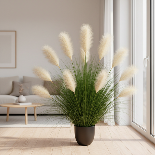 Pianta erba ornamentale artificiale, 137 cm, 11 steli, canna ed erba, verde chiaro e bianco, senza vaso