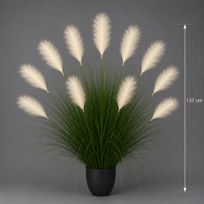Pianta erba ornamentale artificiale, 137 cm, 11 steli, canna ed erba, verde chiaro e bianco, senza vaso