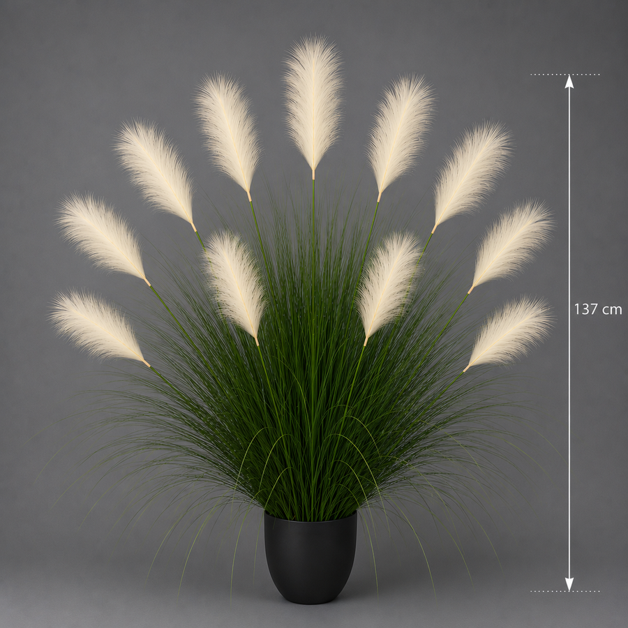 Pianta erba ornamentale artificiale, 137 cm, 11 steli, canna ed erba, verde chiaro e bianco, senza vaso