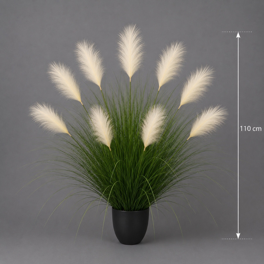 Pianta erba ornamentale artificiale, 110 cm, 9 steli, canna ed erba, verde chiaro e bianco, senza vaso
