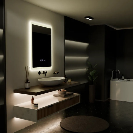 Specchio rettangolare a LED, 60x80 cm, sensore ELANCEE MotionGlow Marcello, sistema antiappannamento, orologio e termometro, specchi dimmerabili Titolo predefinito Marcello Alessandro Design