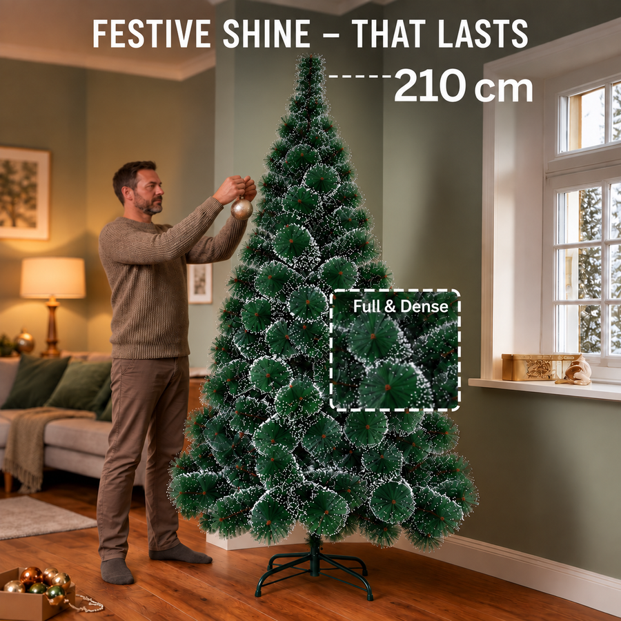 MONTIA Abete Artificiale, 210 cm, 280 Punte, Supporto in Metallo, Aghi Verdi con Punte Bianche