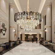 Lampadario Cristallo AURUM Eleganza 9xE14, Diametro 50cm, Altezza 35cm, Oro Lucido, Altezza Regolabile, Design Elegante