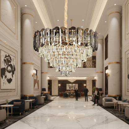 Lampadario Cristallo AURUM Eleganza 9xE14, Diametro 50cm, Altezza 35cm, Oro Lucido, Altezza Regolabile, Design Elegante