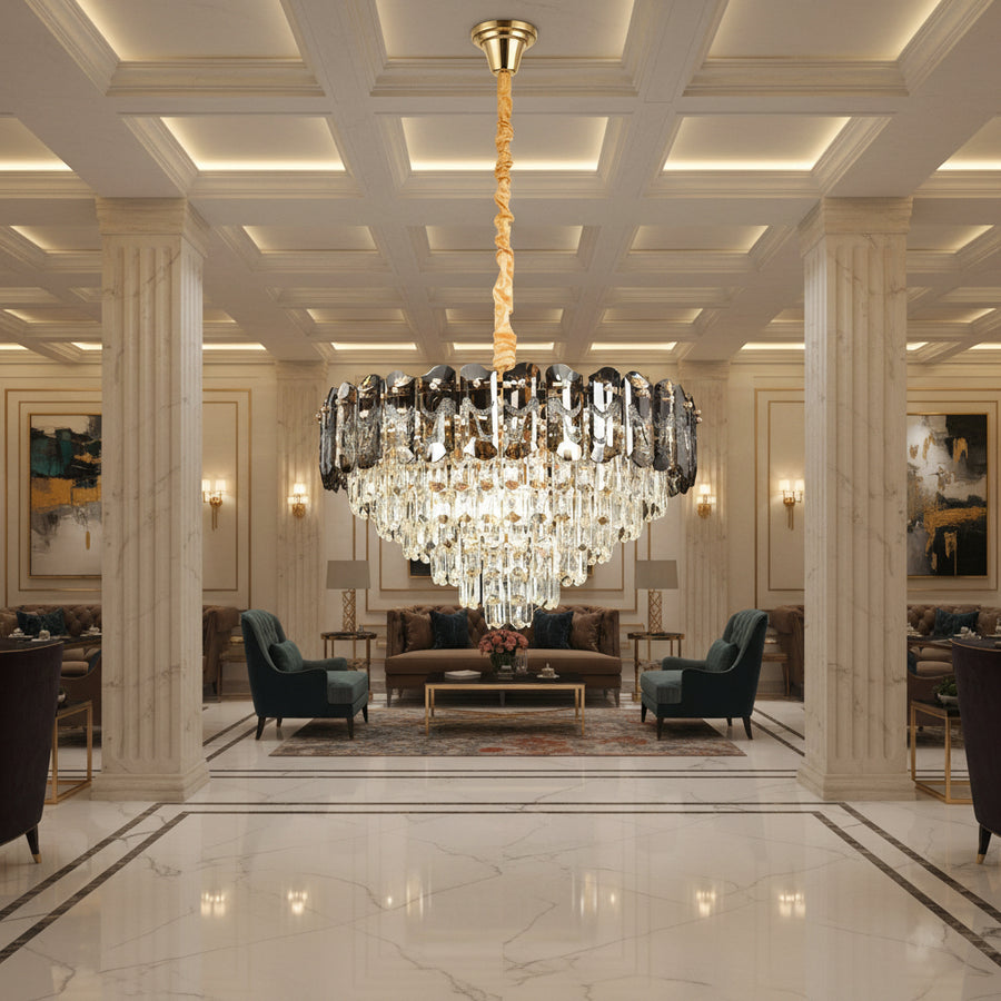 Lampadario Cristallo AURUM Magno 12xE14, Diametro 60cm, Altezza 40cm, Oro Lucido, Altezza Regolabile, Design Elegante
