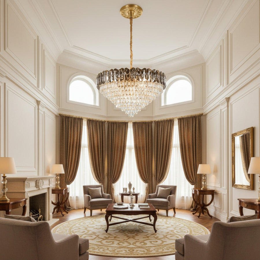 Lampadario Cristallo AURUM Regalis 22xE14, Diametro 80cm, Altezza 55cm, Oro Lucido, Altezza Regolabile, Design Elegante