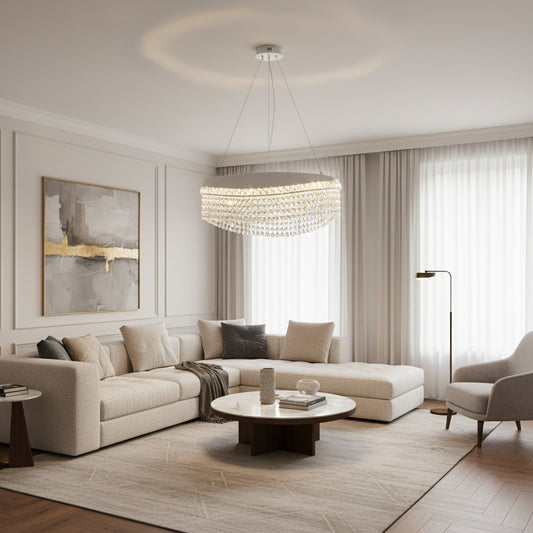 VOLNA Elegance Lampadario in cristallo, 102W, D50cm, Luce calda/neutra/fredda, bianco, metallo e cristallo