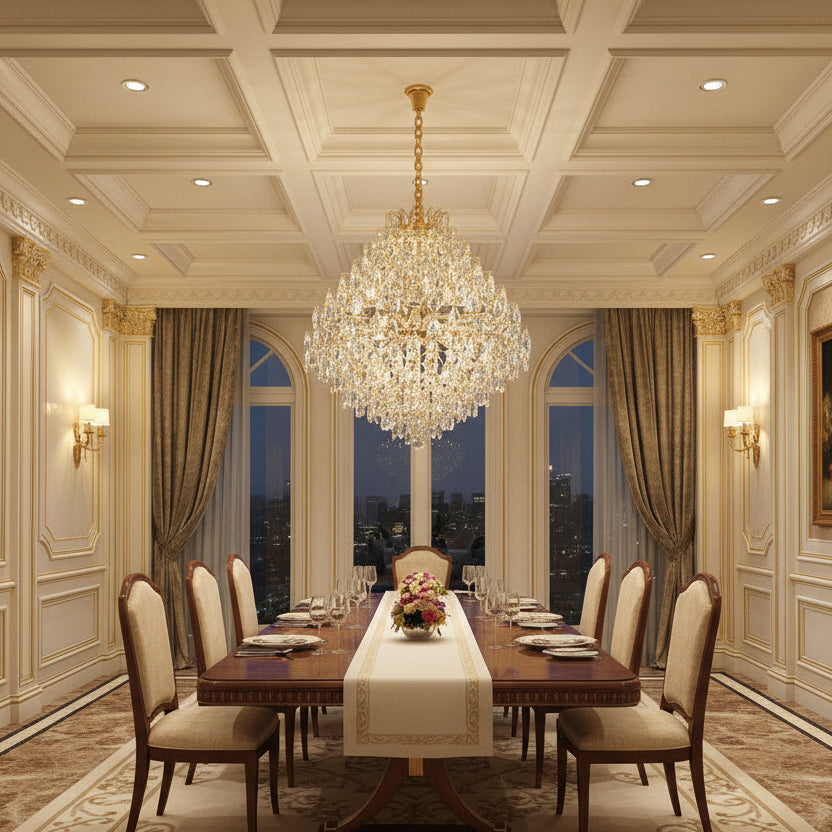 KONIG Supremo Lampadario in cristallo, 24xE14, D100 cm, Oro, Altezza regolabile, Metallo e cristallo
