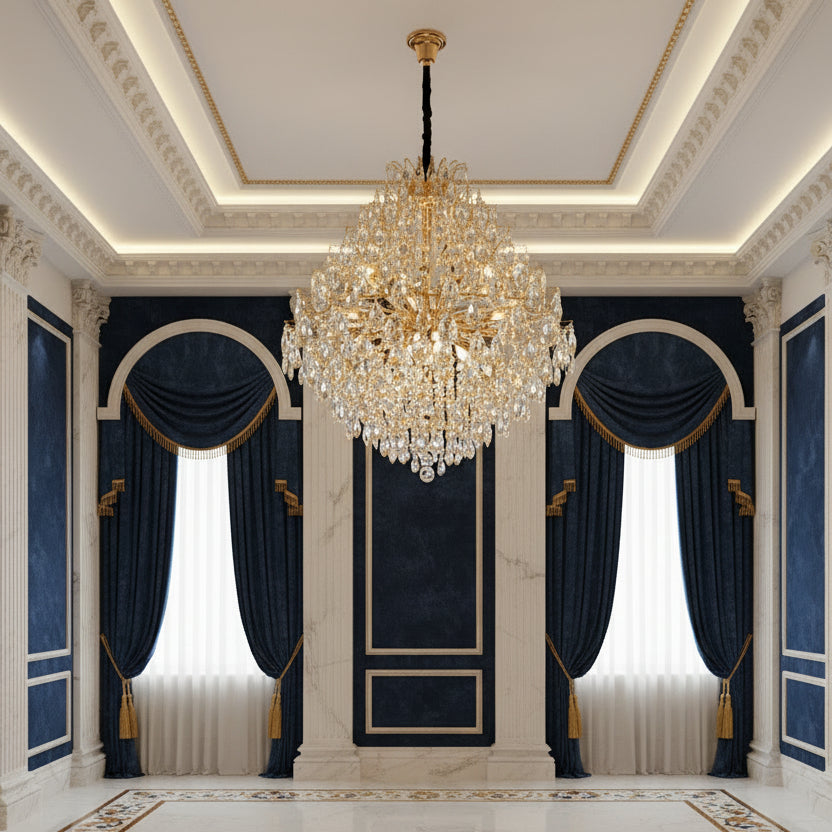 KONIG Supremo Lampadario in cristallo, 24xE14, D100 cm, Oro, Altezza regolabile, Metallo e cristallo
