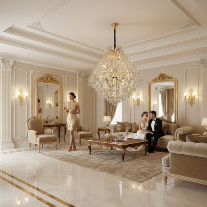 KONIG Supremo Lampadario in cristallo, 24xE14, D100 cm, Oro, Altezza regolabile, Metallo e cristallo